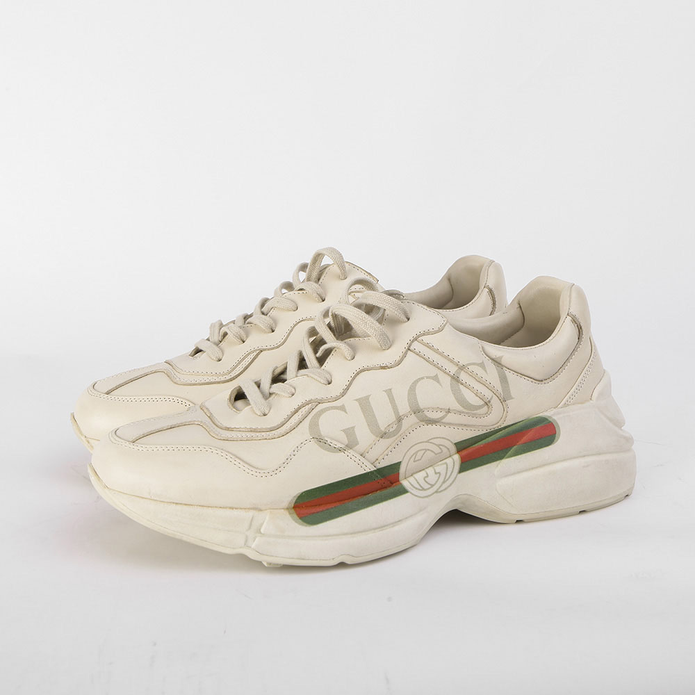 Gucci Rhyton  Logo Ivory Leather Sneaker - DesignerGu