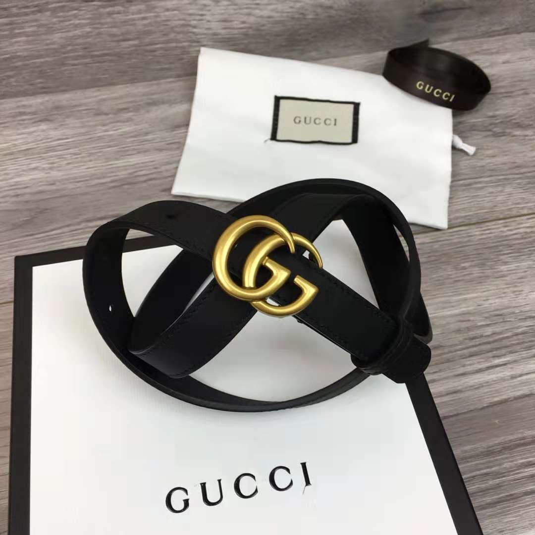 Gucci Leather Black Belt With Double G Golden Buckle (2CM) - DesignerGu