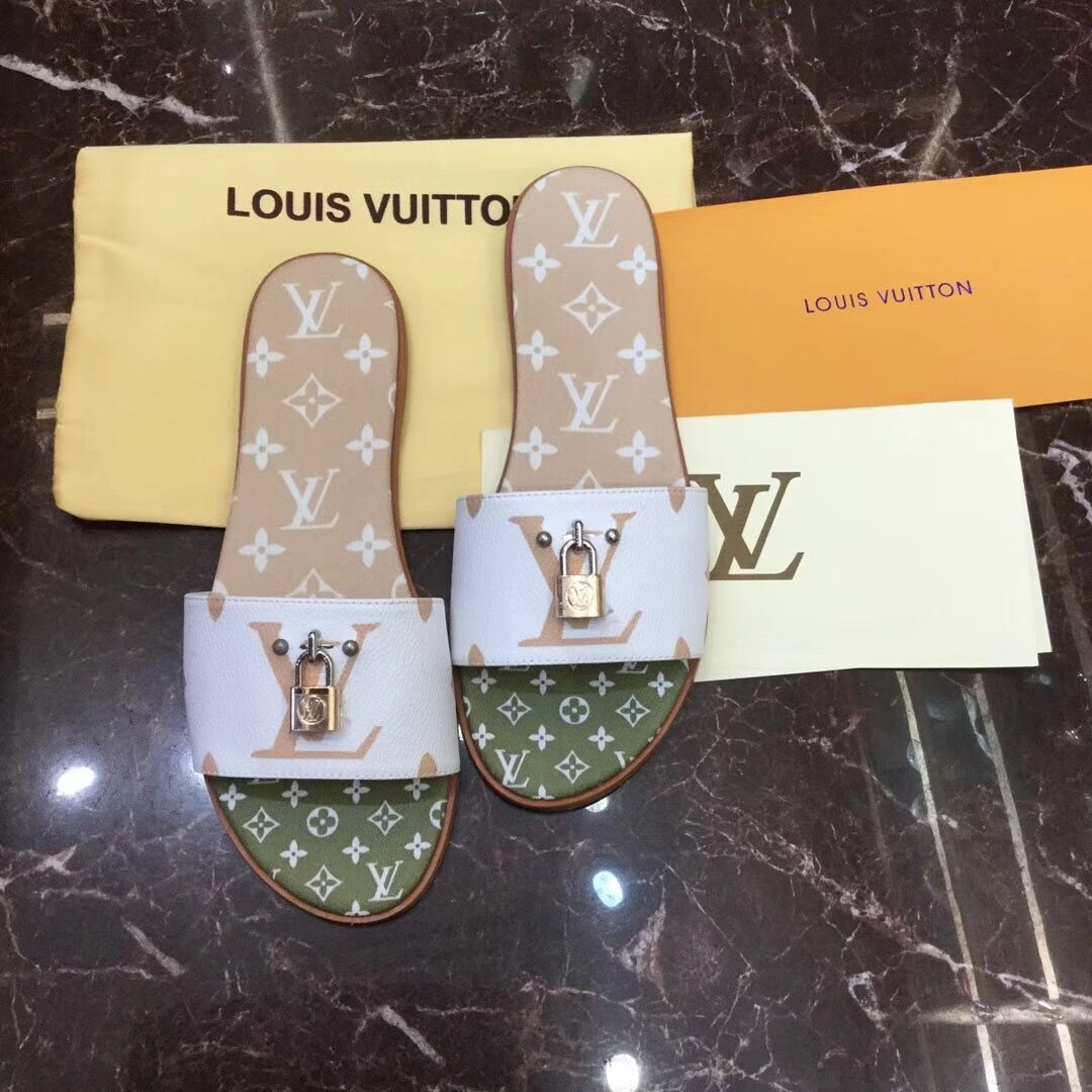 Louis Vuitton Lock It Flat Mule In White/ Moka Brown - DesignerGu