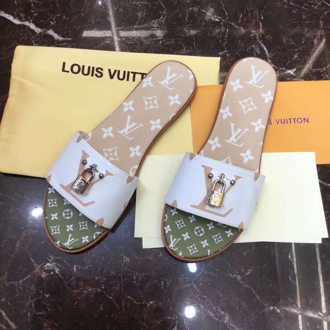 Louis Vuitton Lock It Flat Mule In White/ Moka Brown - DesignerGu