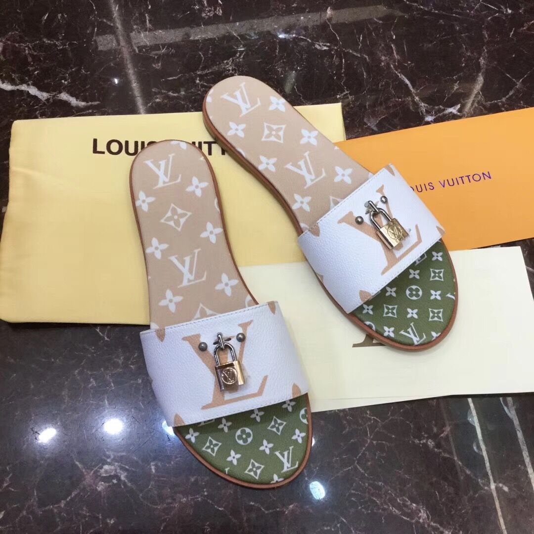 Louis Vuitton Lock It Flat Mule In White/ Moka Brown - DesignerGu