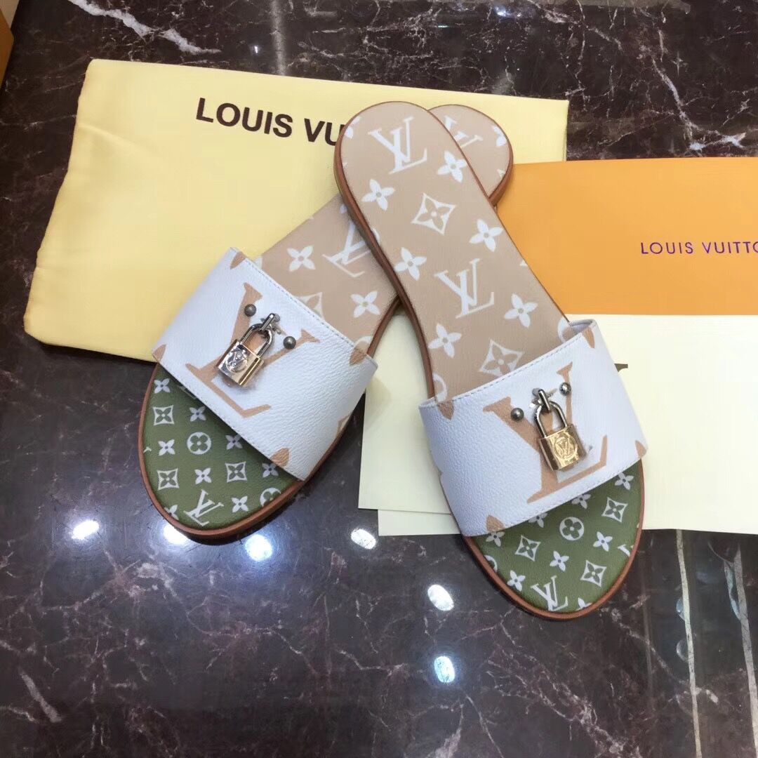 Louis Vuitton Lock It Flat Mule In White/ Moka Brown - DesignerGu