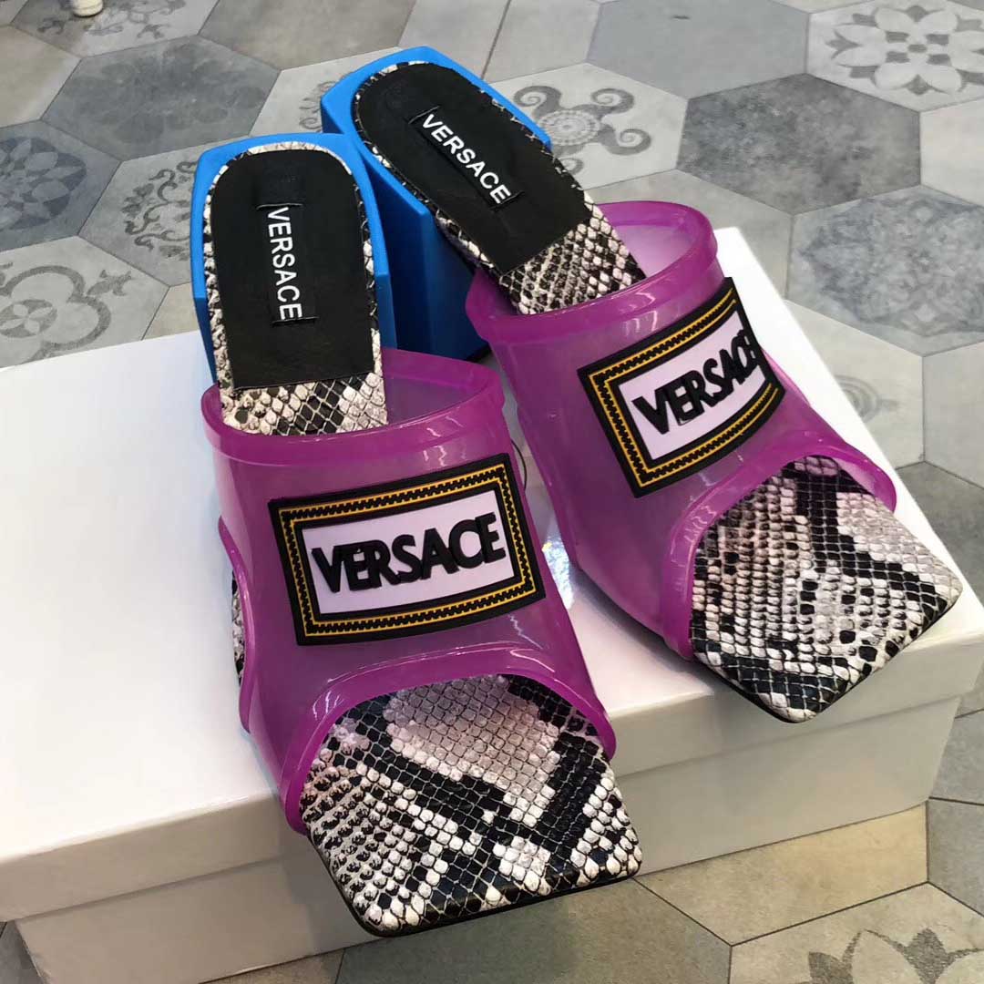 Versace 90S Vintage Logo Mid Heel Sandals (Purple) - DesignerGu