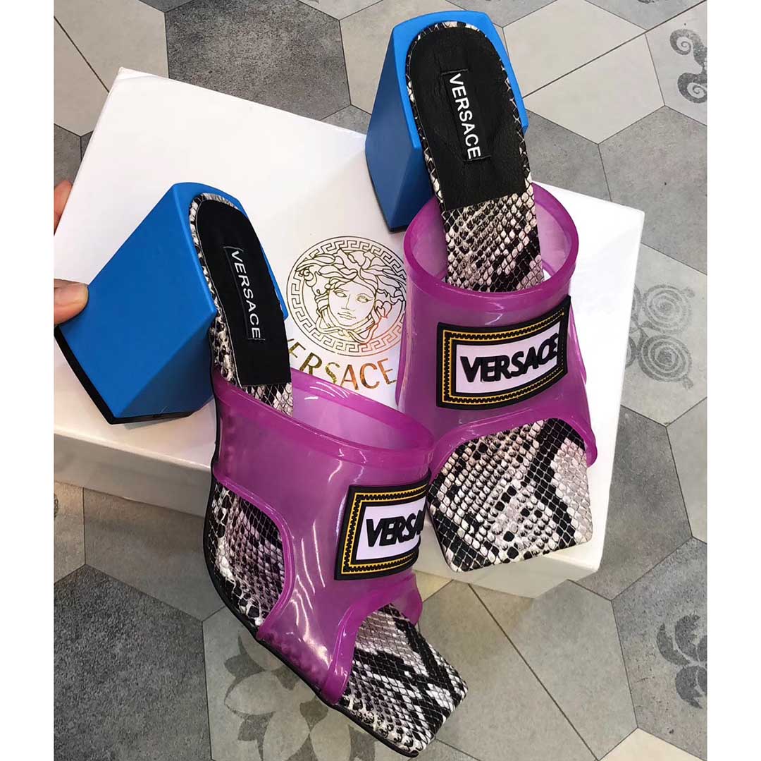 Versace 90S Vintage Logo Mid Heel Sandals (Purple) - DesignerGu