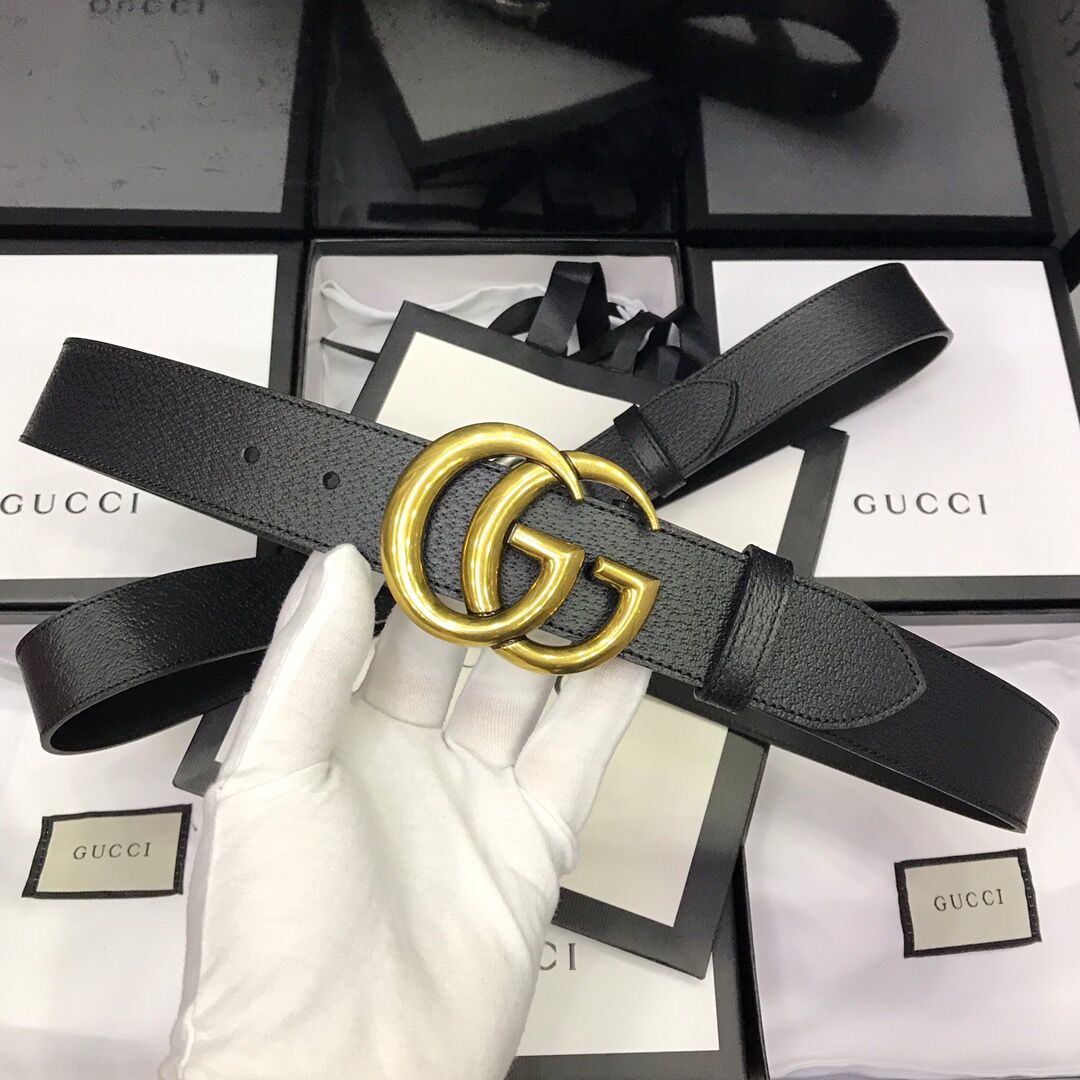 Gucci Leather Black Belt With Double G Golden Buckle  - DesignerGu