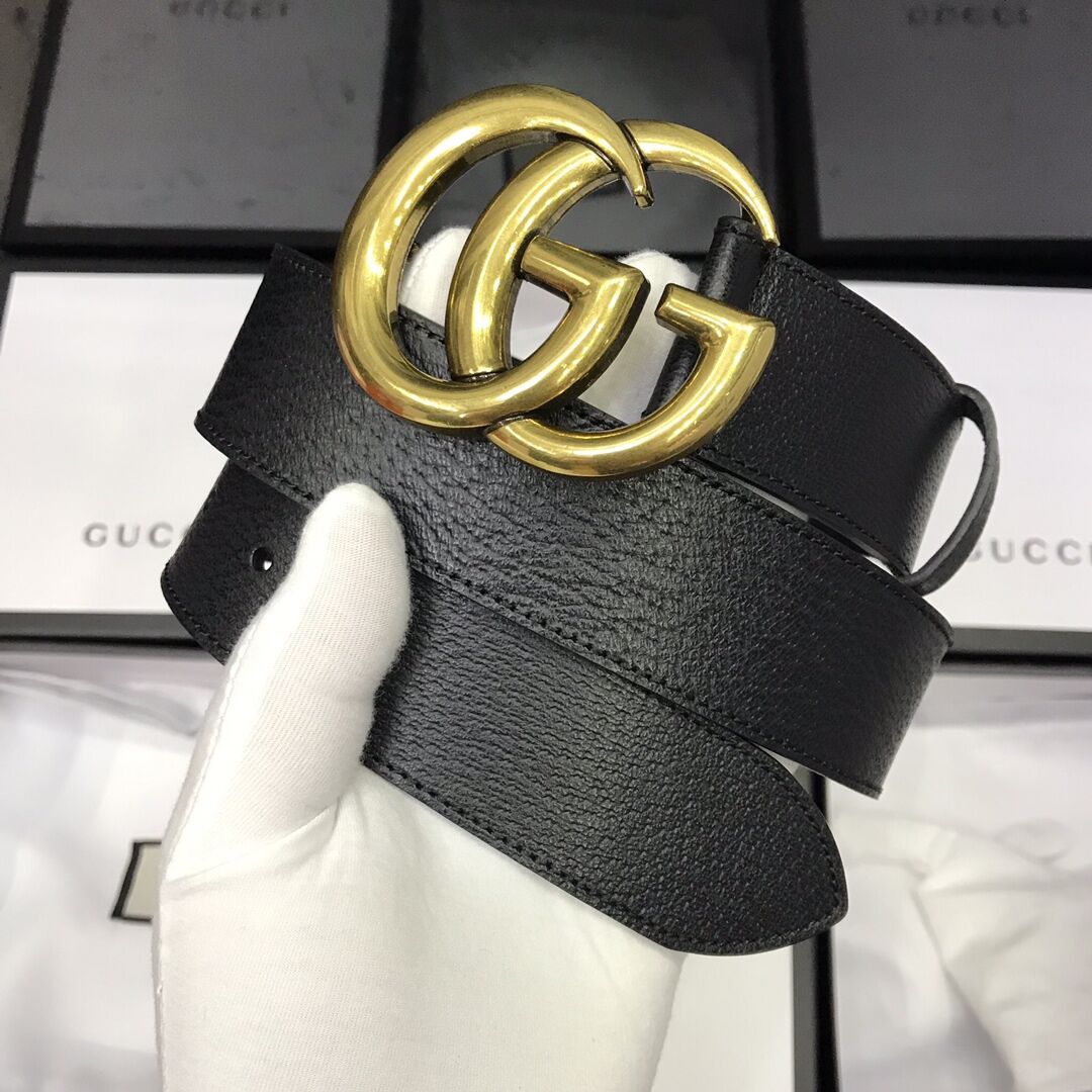 Gucci Leather Black Belt With Double G Golden Buckle  - DesignerGu