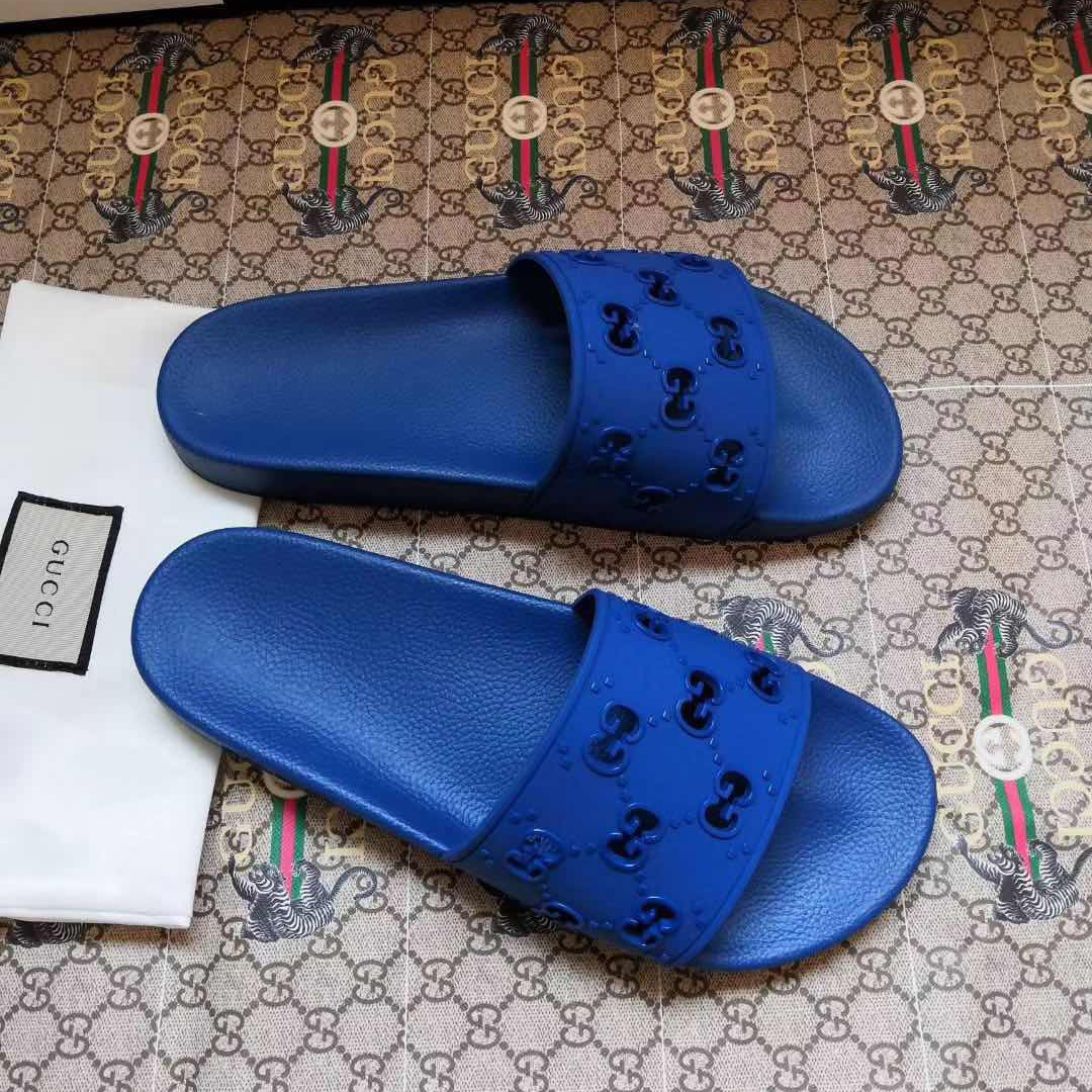 Gucci Rubber GG Slide Sandal In Blue - DesignerGu