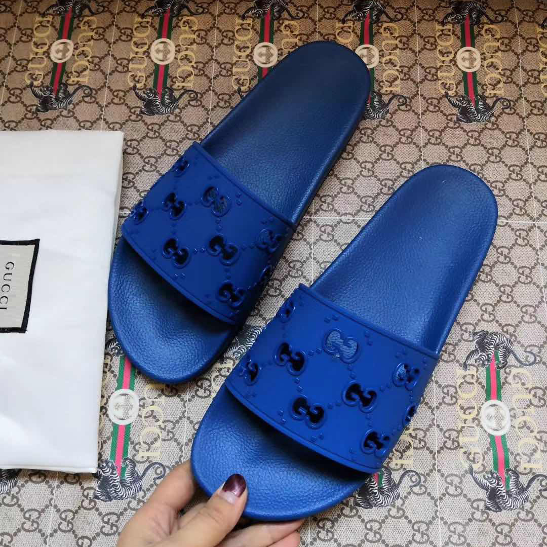 Gucci Rubber GG Slide Sandal In Blue - DesignerGu