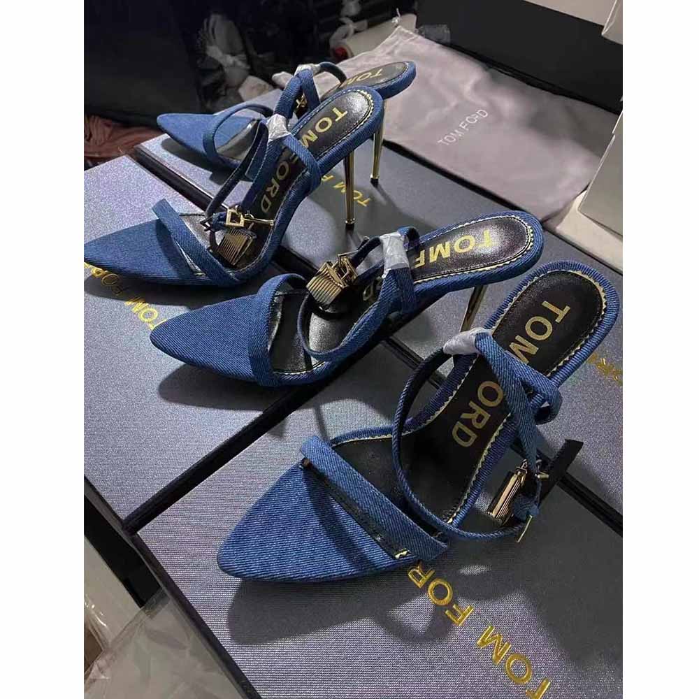 Tom Ford 10cm Denim Lock&Key Stiletto Sandals - DesignerGu