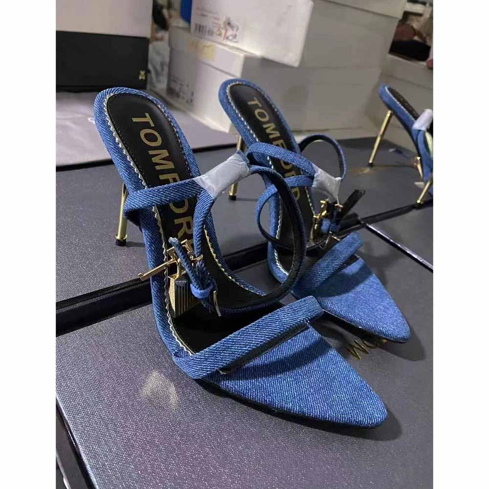 Tom Ford 10cm Denim Lock&Key Stiletto Sandals - DesignerGu