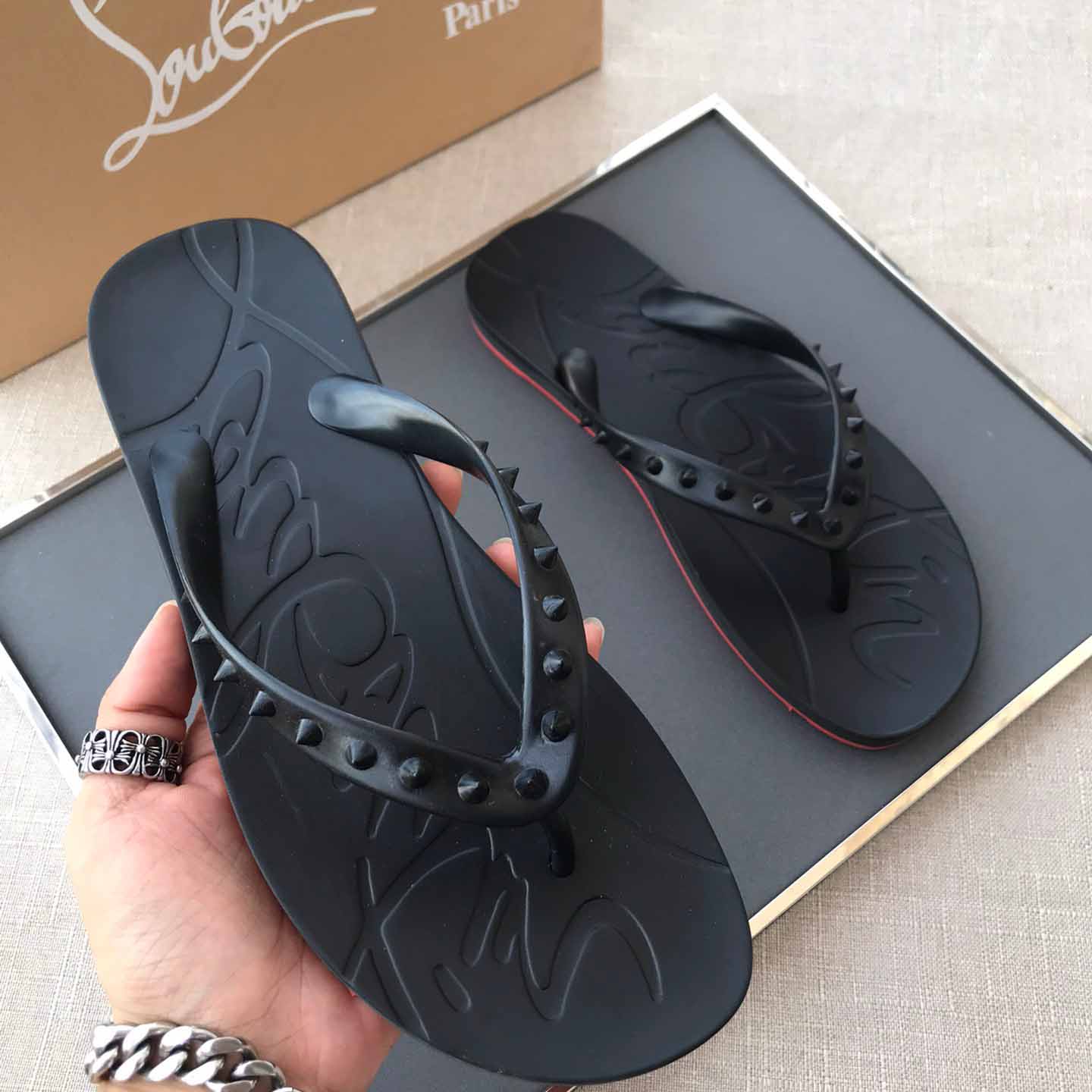 Christian Louboutin CL Loubi Flip Black PVC - DesignerGu