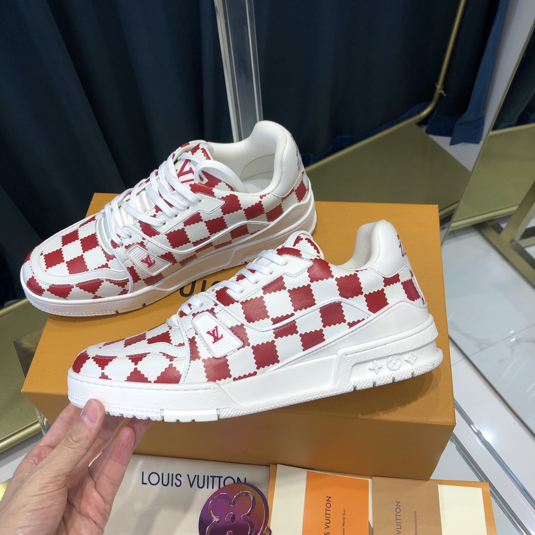 Louis Vuitton Trainer Sneaker Red White Damier - DesignerGu