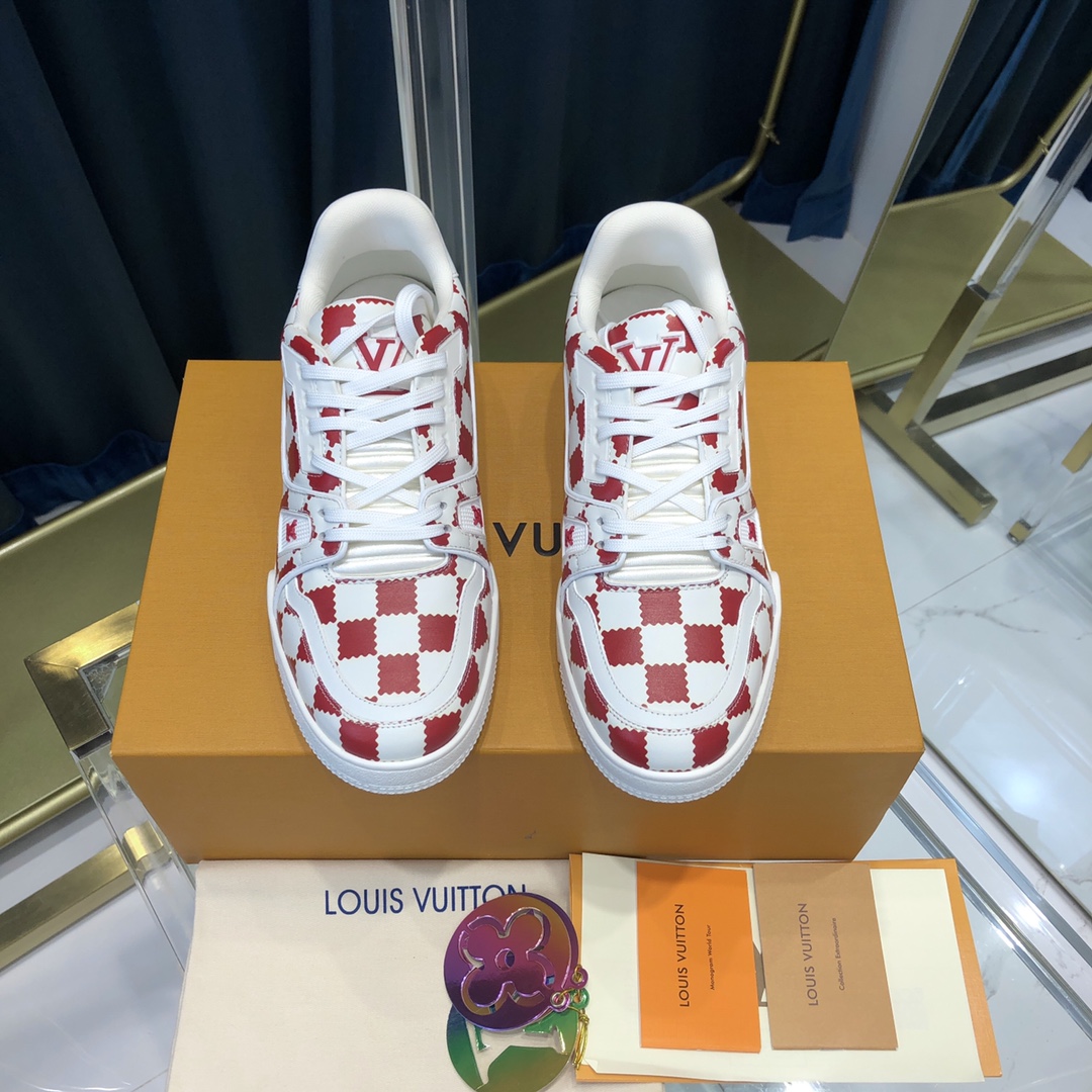 Louis Vuitton Trainer Sneaker Red White Damier - DesignerGu