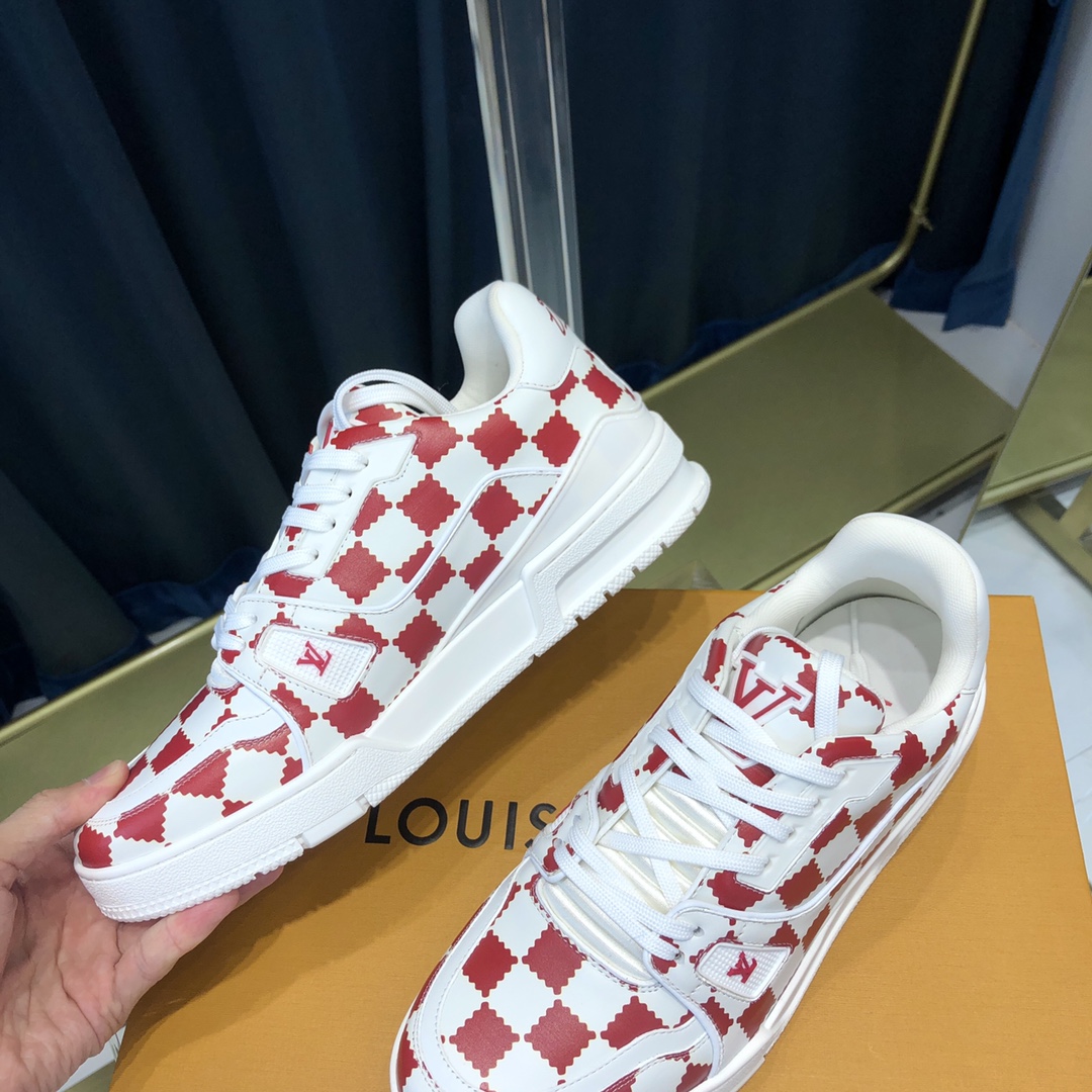 Louis Vuitton Trainer Sneaker Red White Damier - DesignerGu