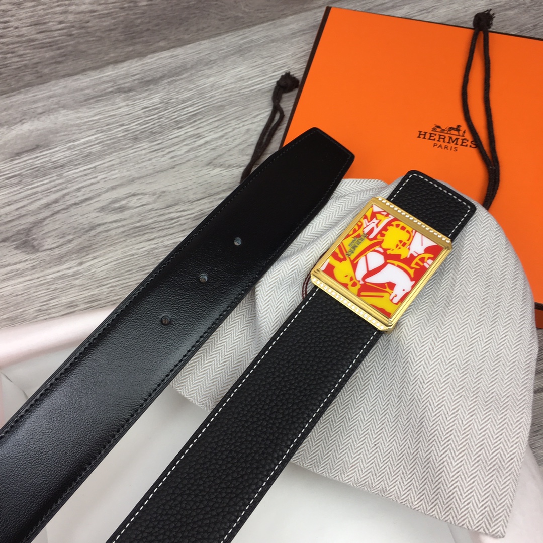 Hermes Black Leather Belt With   Enamel Buckle - DesignerGu