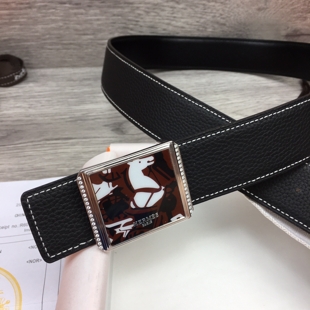 Hermes Black Leather Belt With   Enamel Buckle - DesignerGu