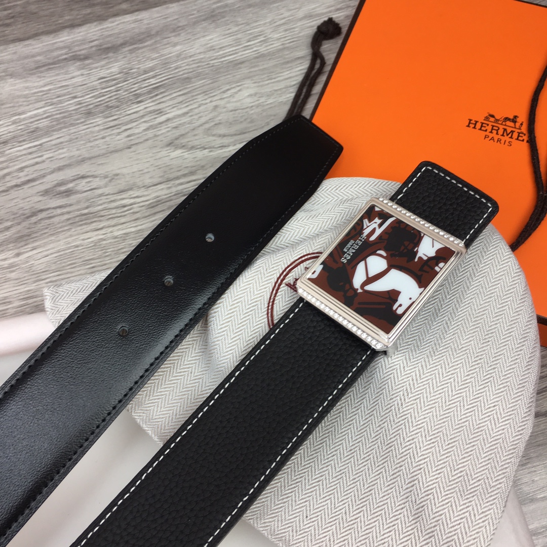 Hermes Black Leather Belt With   Enamel Buckle - DesignerGu