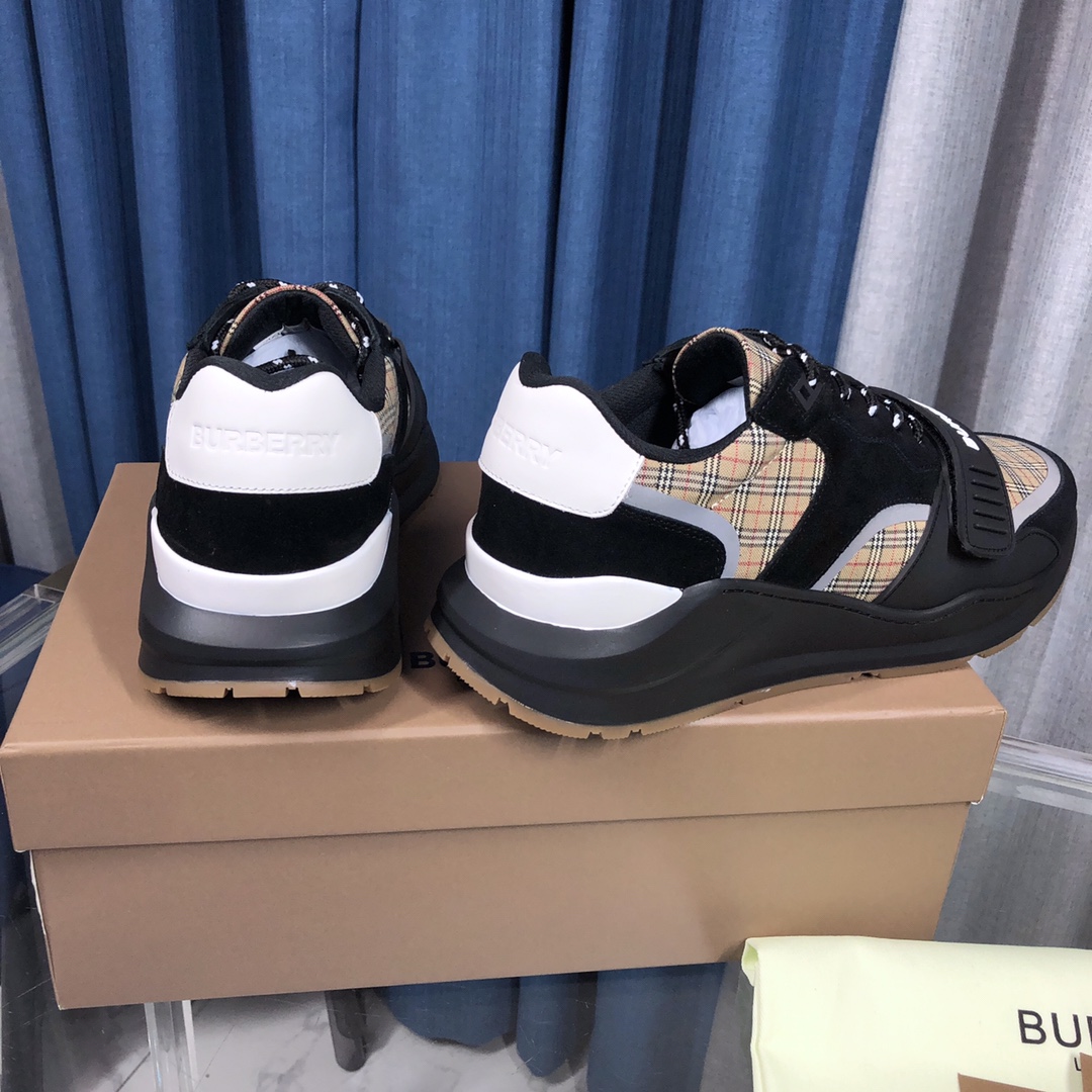 Burberry Check Cotton Canvas And Leather Sneakers - DesignerGu