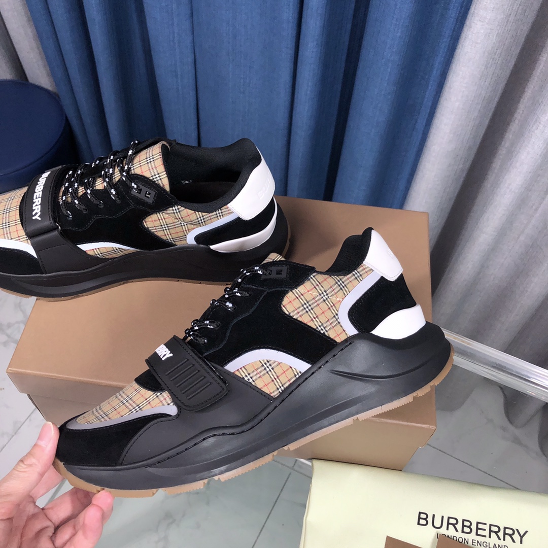 Burberry Check Cotton Canvas And Leather Sneakers - DesignerGu