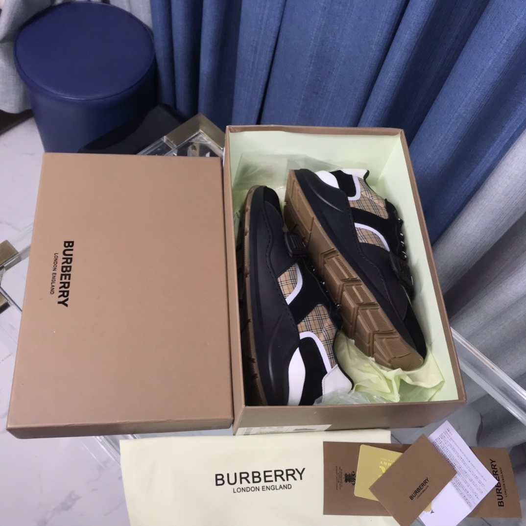 Burberry Check Cotton Canvas And Leather Sneakers - DesignerGu