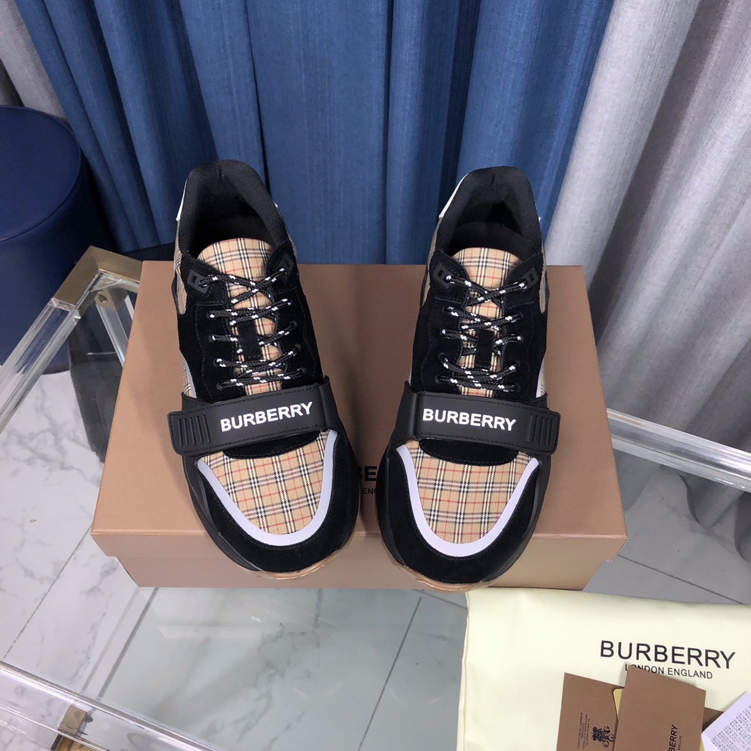 Burberry Check Cotton Canvas And Leather Sneakers - DesignerGu