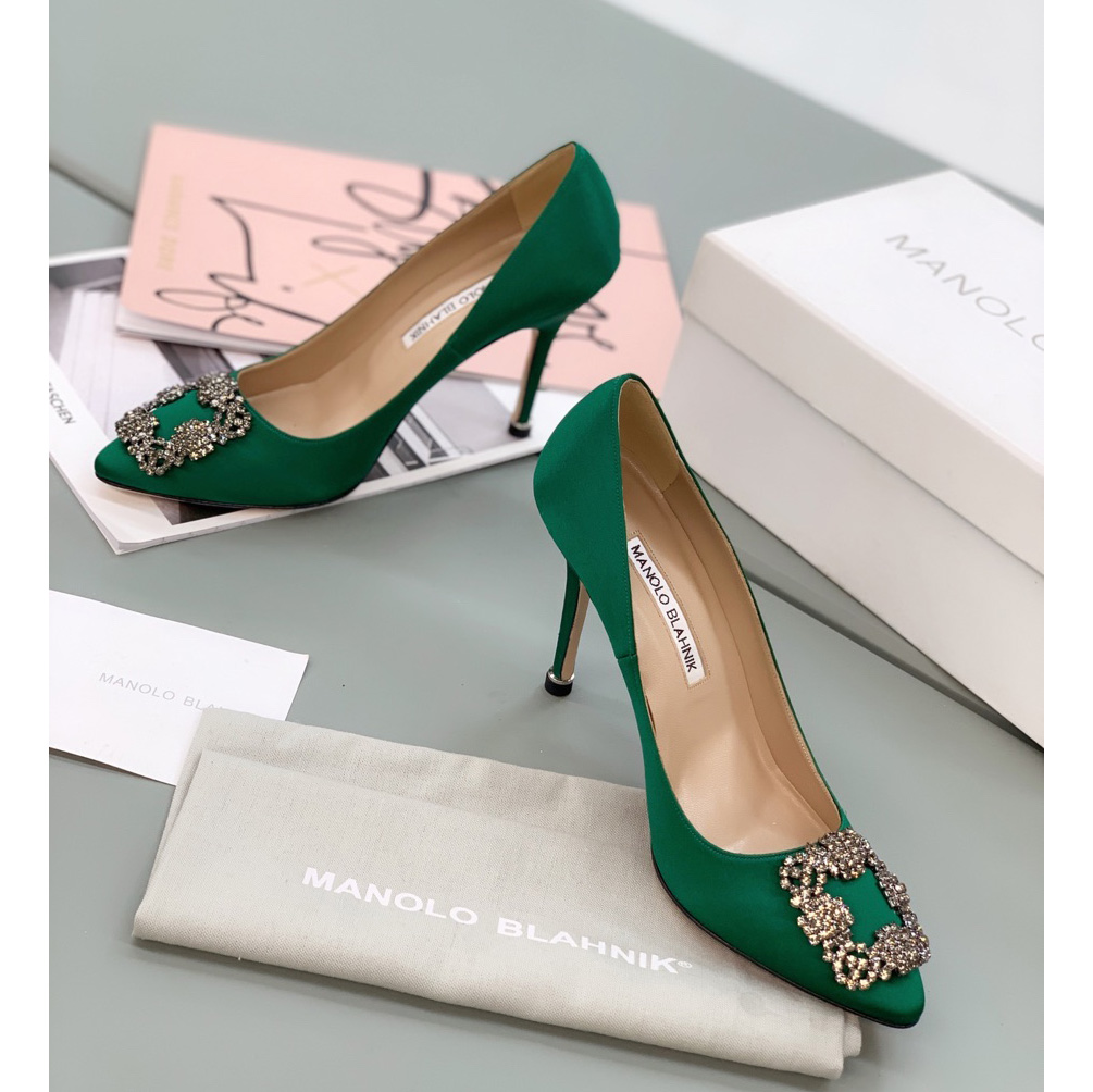 Manolo Blahnik Green Hangisi Pumps With Buckle - DesignerGu