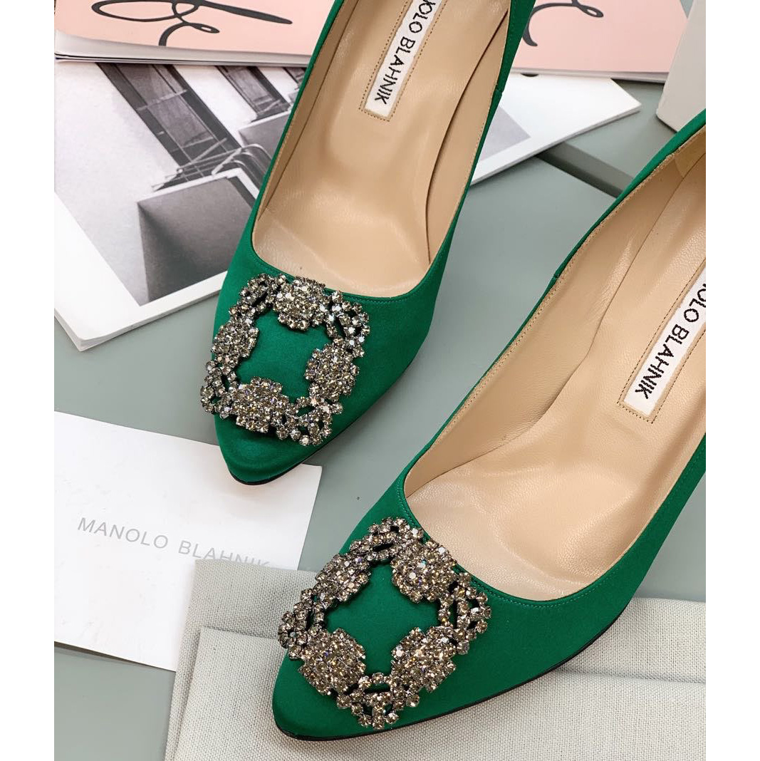 Manolo Blahnik Green Hangisi Pumps With Buckle - DesignerGu