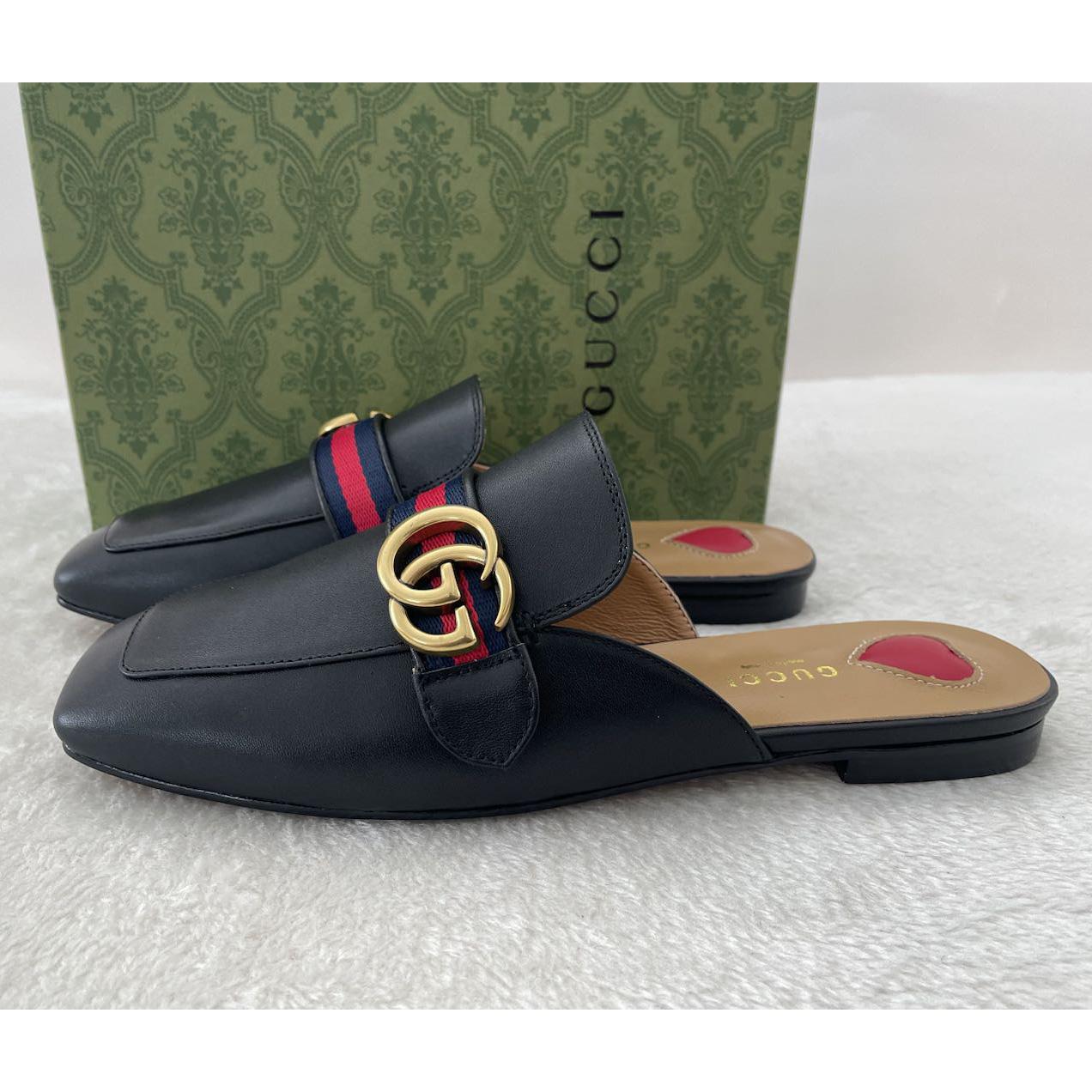 Gucci Princetown Leather Black Slipper With Double G - DesignerGu