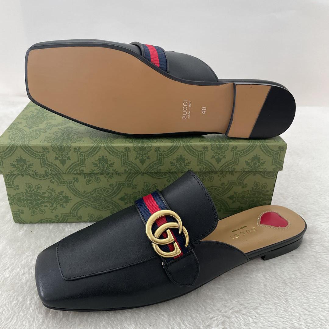 Gucci Princetown Leather Black Slipper With Double G - DesignerGu