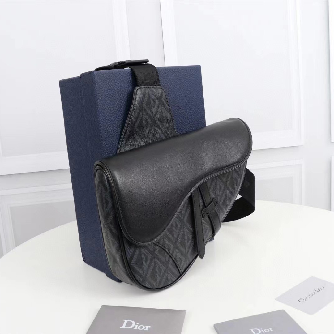 Dior Black CD Diamond Canvas And Smooth Calfskin Saddle Bag(26-19-4.5cm) - DesignerGu