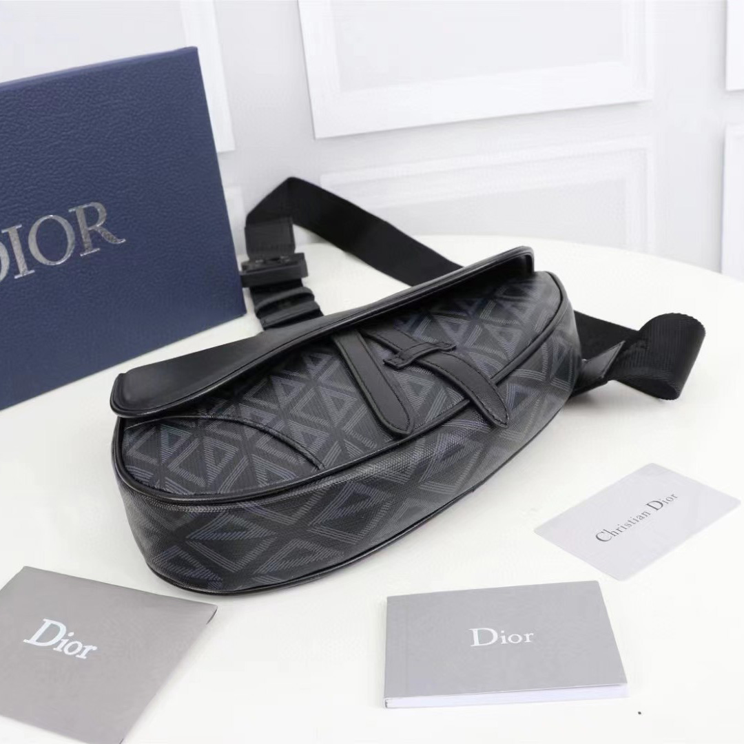 Dior Black CD Diamond Canvas And Smooth Calfskin Saddle Bag(26-19-4.5cm) - DesignerGu