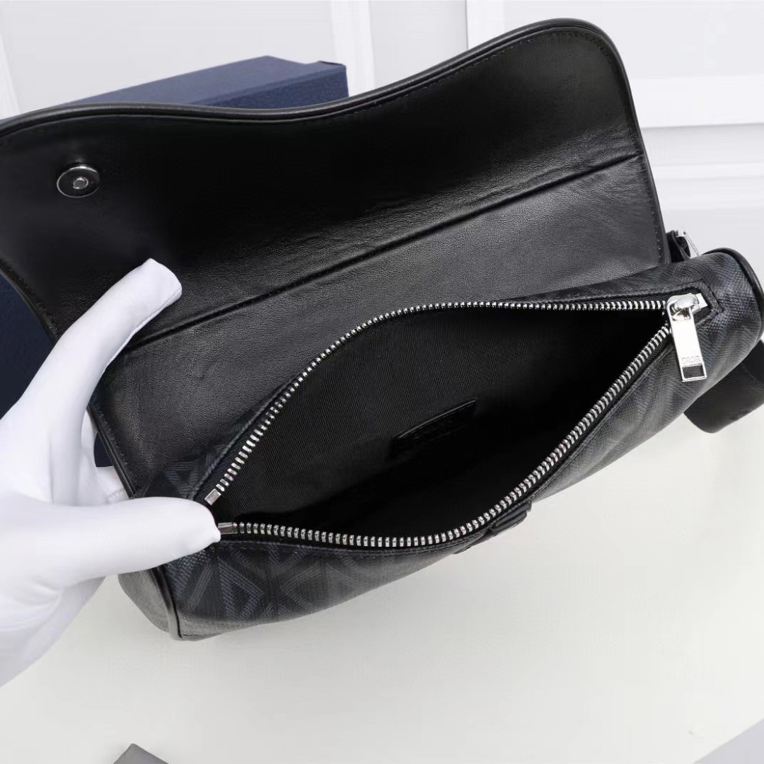 Dior Black CD Diamond Canvas And Smooth Calfskin Saddle Bag(26-19-4.5cm) - DesignerGu