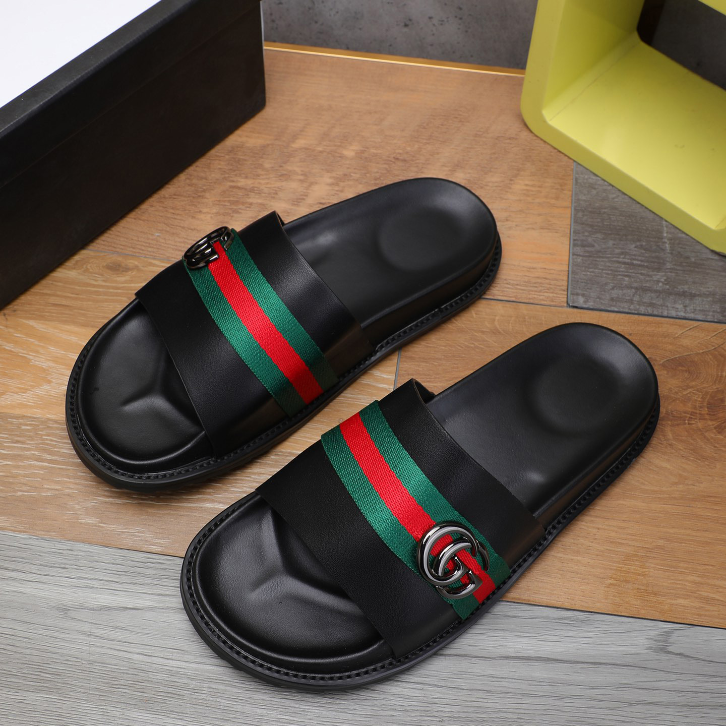 Gucci Double G Logo Black Slide Sandals - DesignerGu