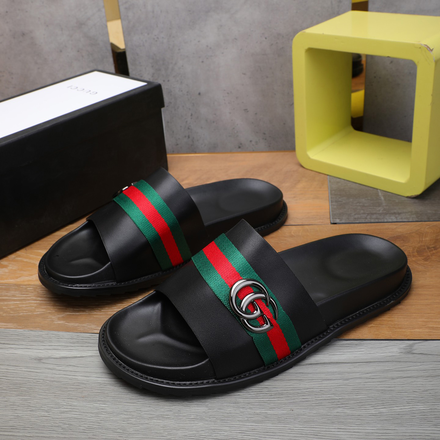 Gucci Double G Logo Black Slide Sandals - DesignerGu