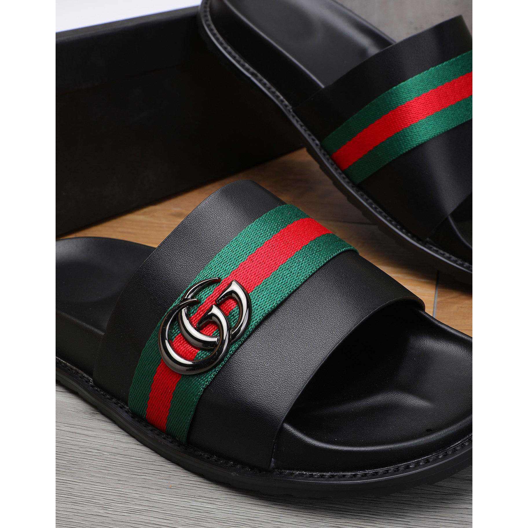 Gucci Double G Logo Black Slide Sandals - DesignerGu