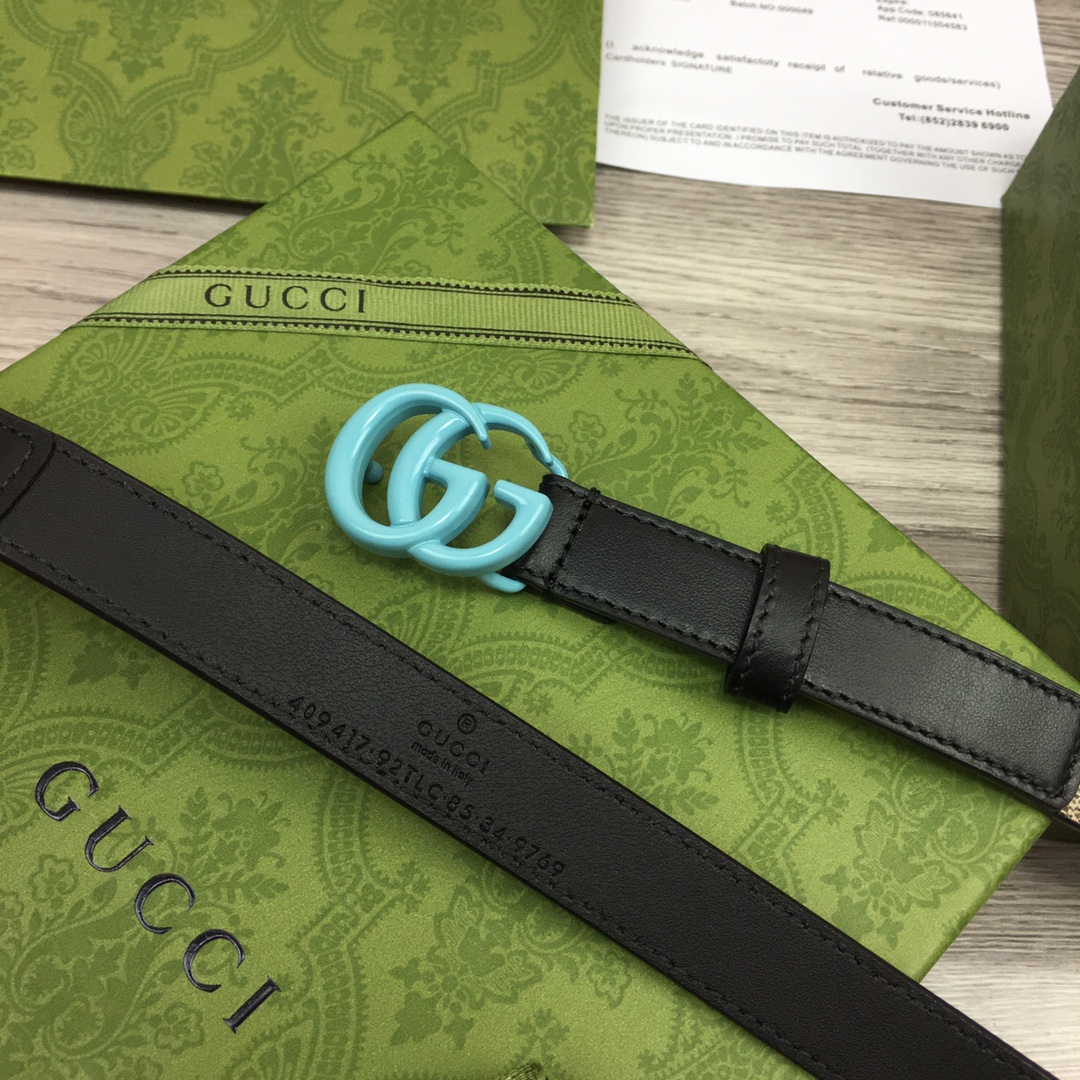 Gucci  Leather Belt With Double G Buckle  (2cm) - DesignerGu