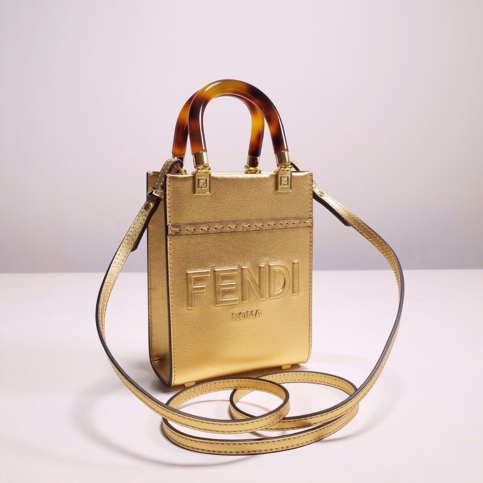 Fendi Mini Sunshine Shopper Bag In Gold Laminated Leather (13-18-6.5CM) - DesignerGu