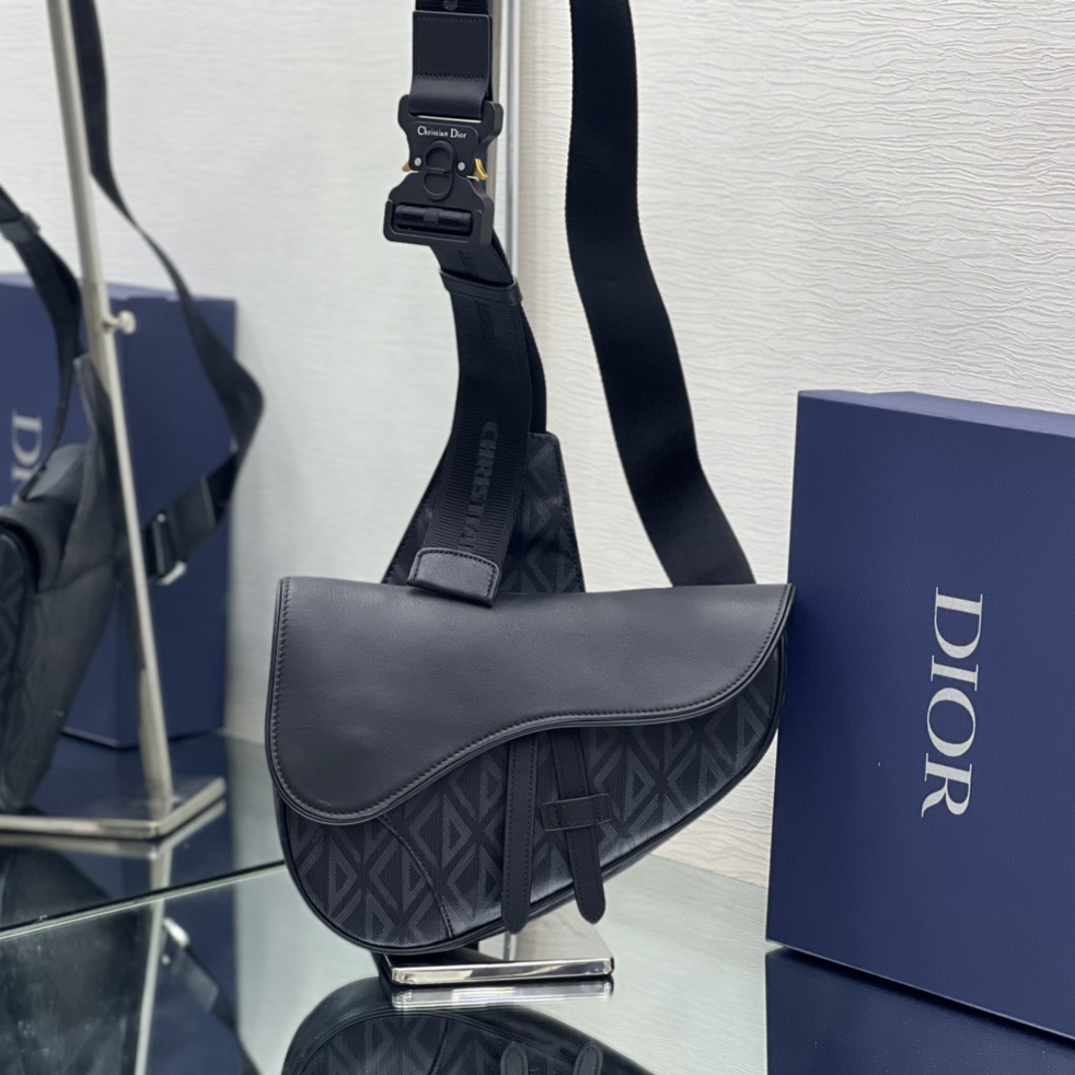 Dior Black CD Diamond Canvas And Smooth Calfskin Saddle Bag(26-19-4.5cm) 1ADPO093 - DesignerGu