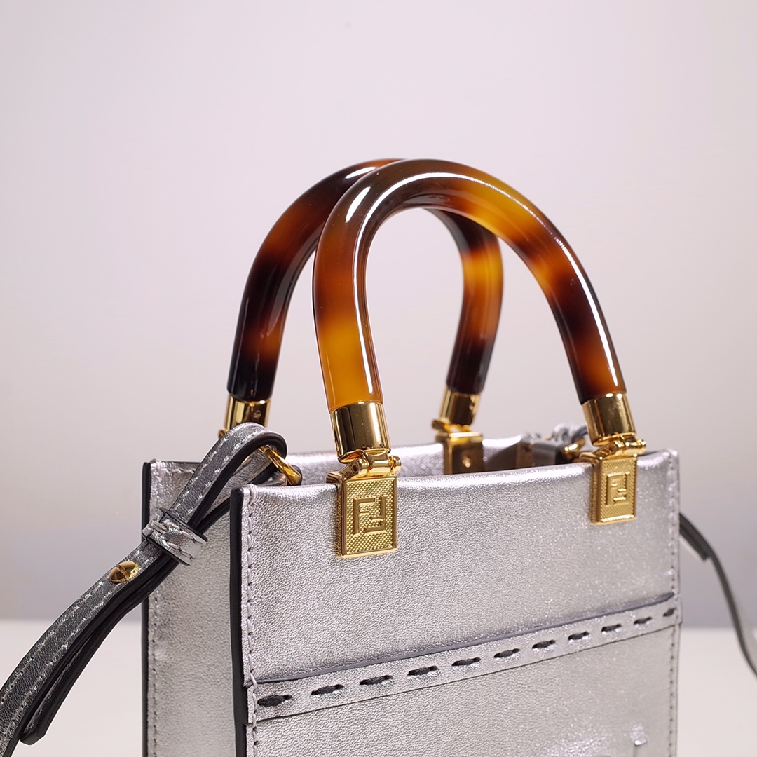 Fendi Mini Sunshine Shopper Bag In Silver Laminated Leather (13-18-6.5CM) - DesignerGu