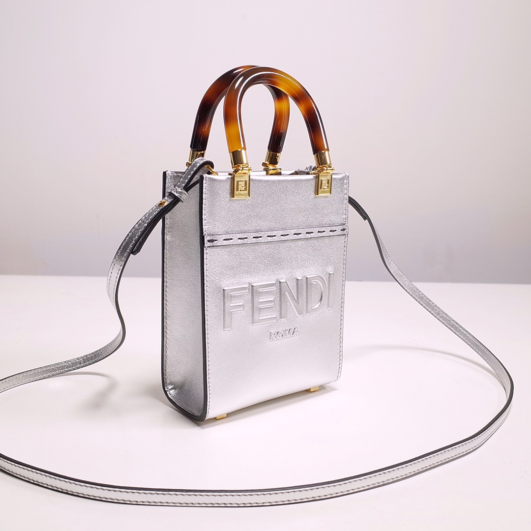 Fendi Mini Sunshine Shopper Bag In Silver Laminated Leather (13-18-6.5CM) - DesignerGu