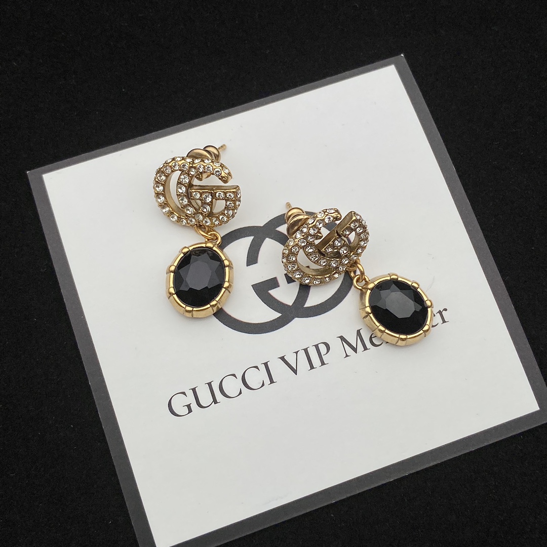 Gucci  Double G Earrings With Black Crystals - DesignerGu