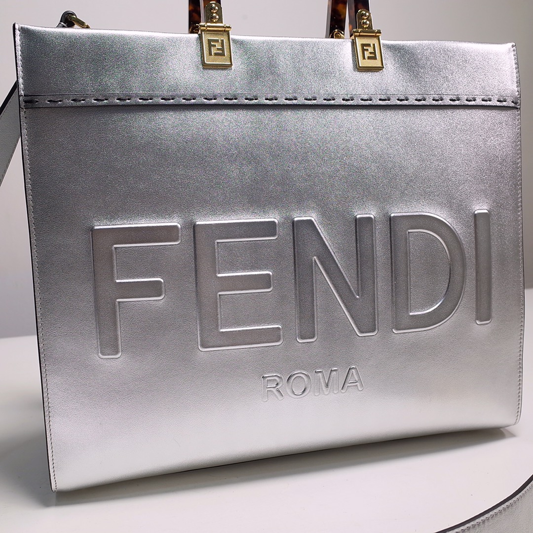 Fendi Sunshine Medium Shopper Bag In Silver Laminated Leather (35-31-17cm)  8BH386 - DesignerGu