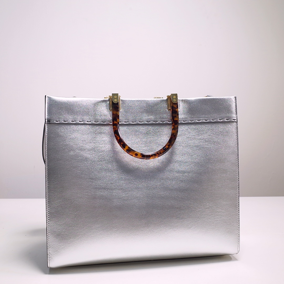 Fendi Sunshine Medium Shopper Bag In Silver Laminated Leather (35-31-17cm)  8BH386 - DesignerGu