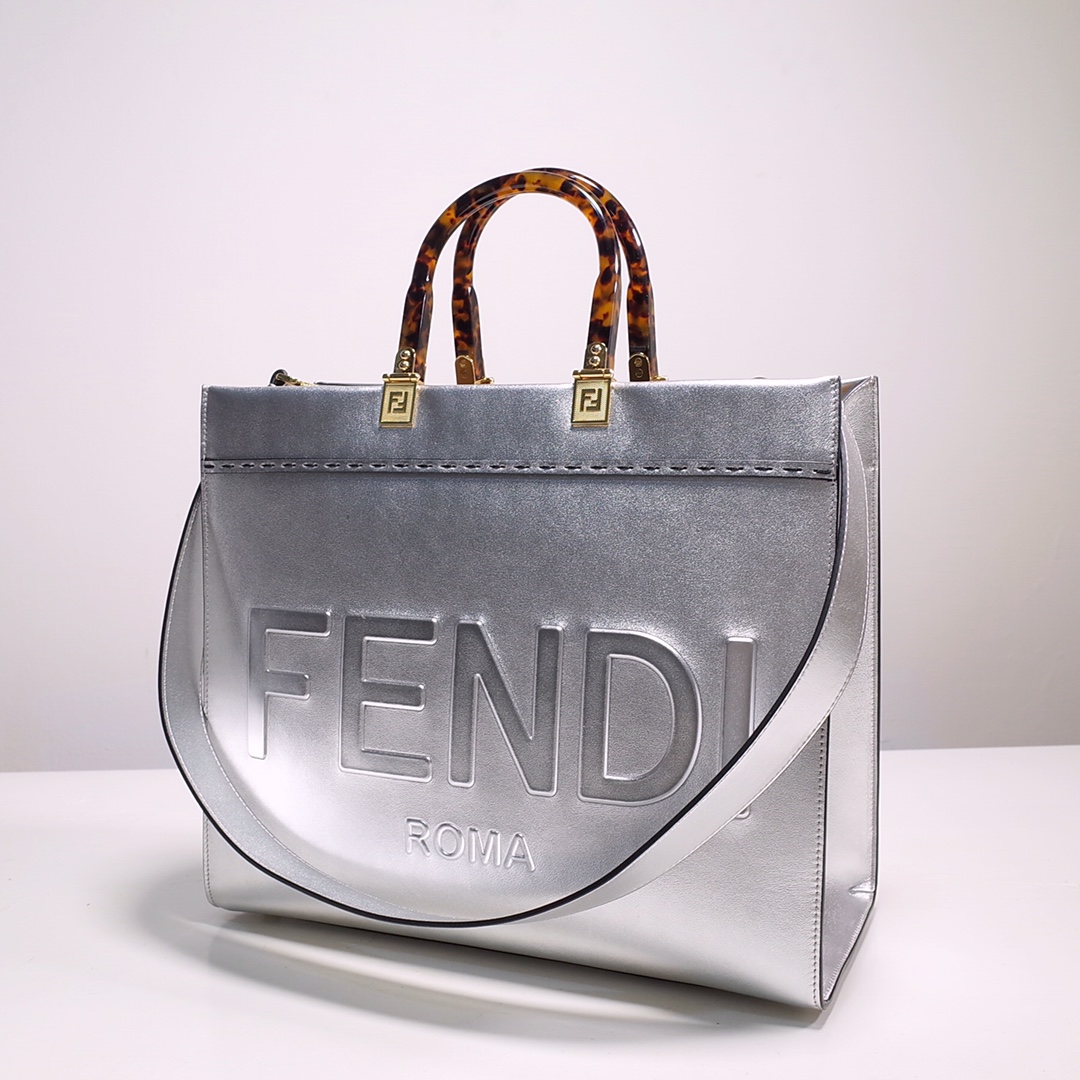 Fendi Sunshine Medium Shopper Bag In Silver Laminated Leather (35-31-17cm)  8BH386 - DesignerGu