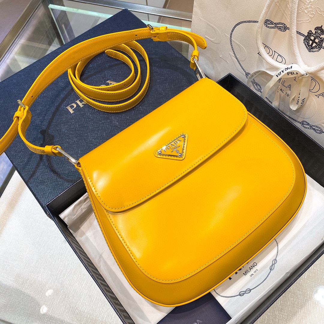 Prada Cleo Brushed Leather Shoulder Bag In Yellow(24-19-6cm)   1BD303 - DesignerGu