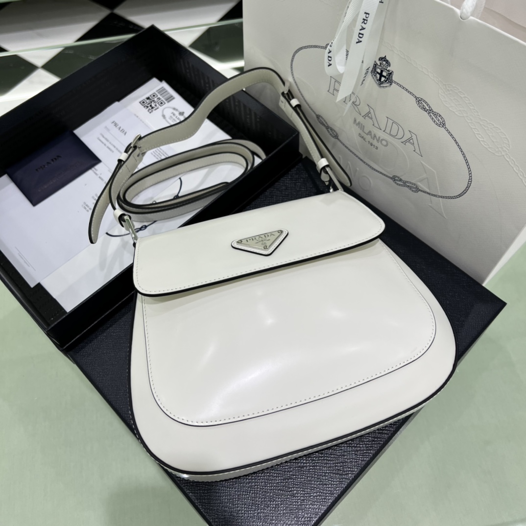 Prada Cleo Brushed Leather Shoulder Bag In White(24-19-6cm)   1BD303 - DesignerGu