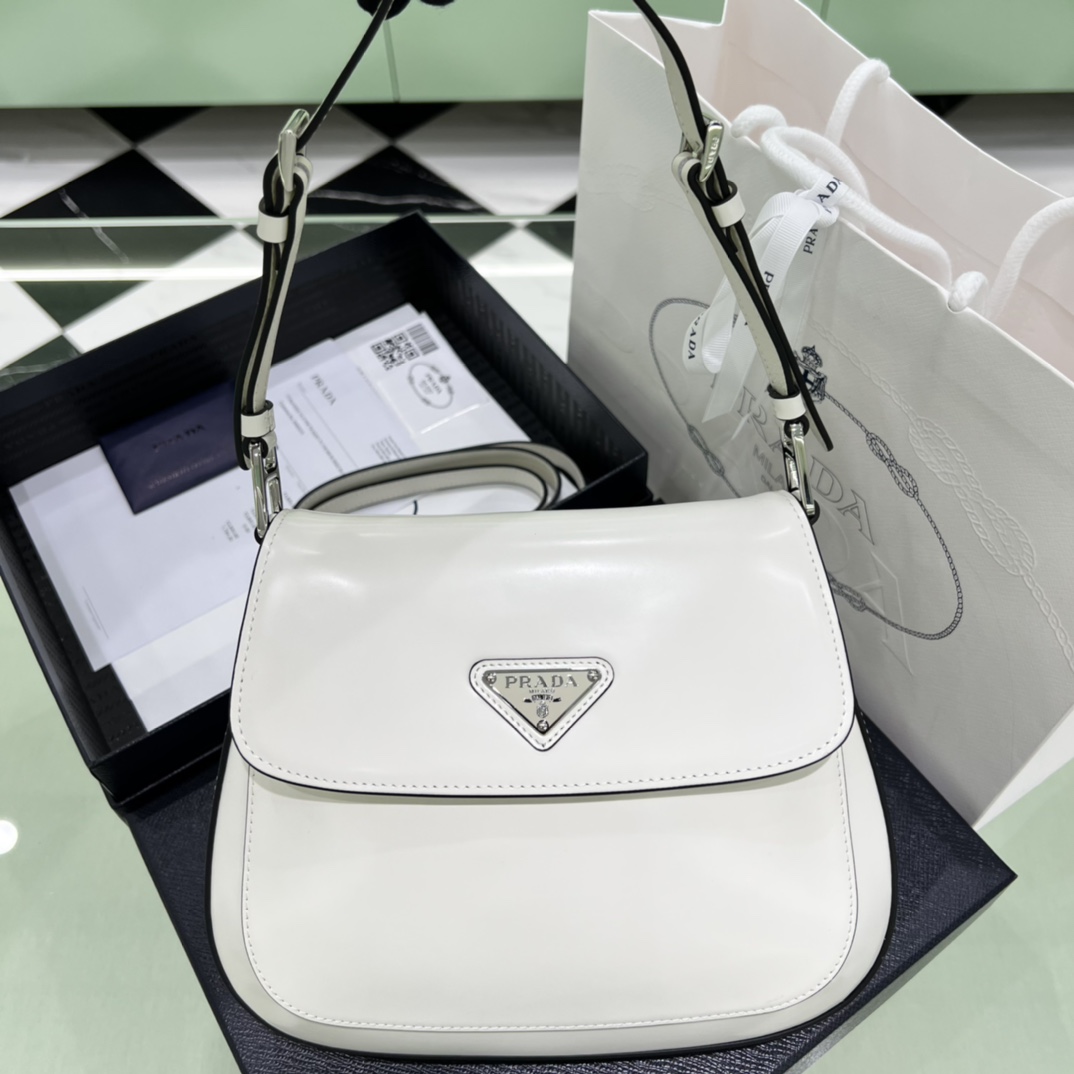 Prada Cleo Brushed Leather Shoulder Bag In White(24-19-6cm)   1BD303 - DesignerGu