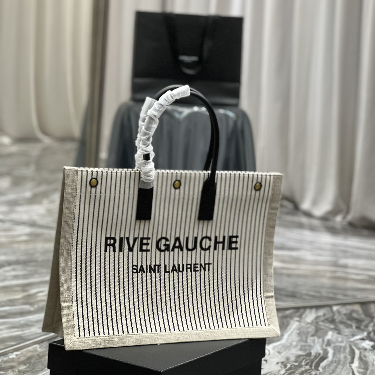 Saint Laurent Rive Gquche Tote Bag In Linen And Smooth Leather(48-36-16cm) - DesignerGu