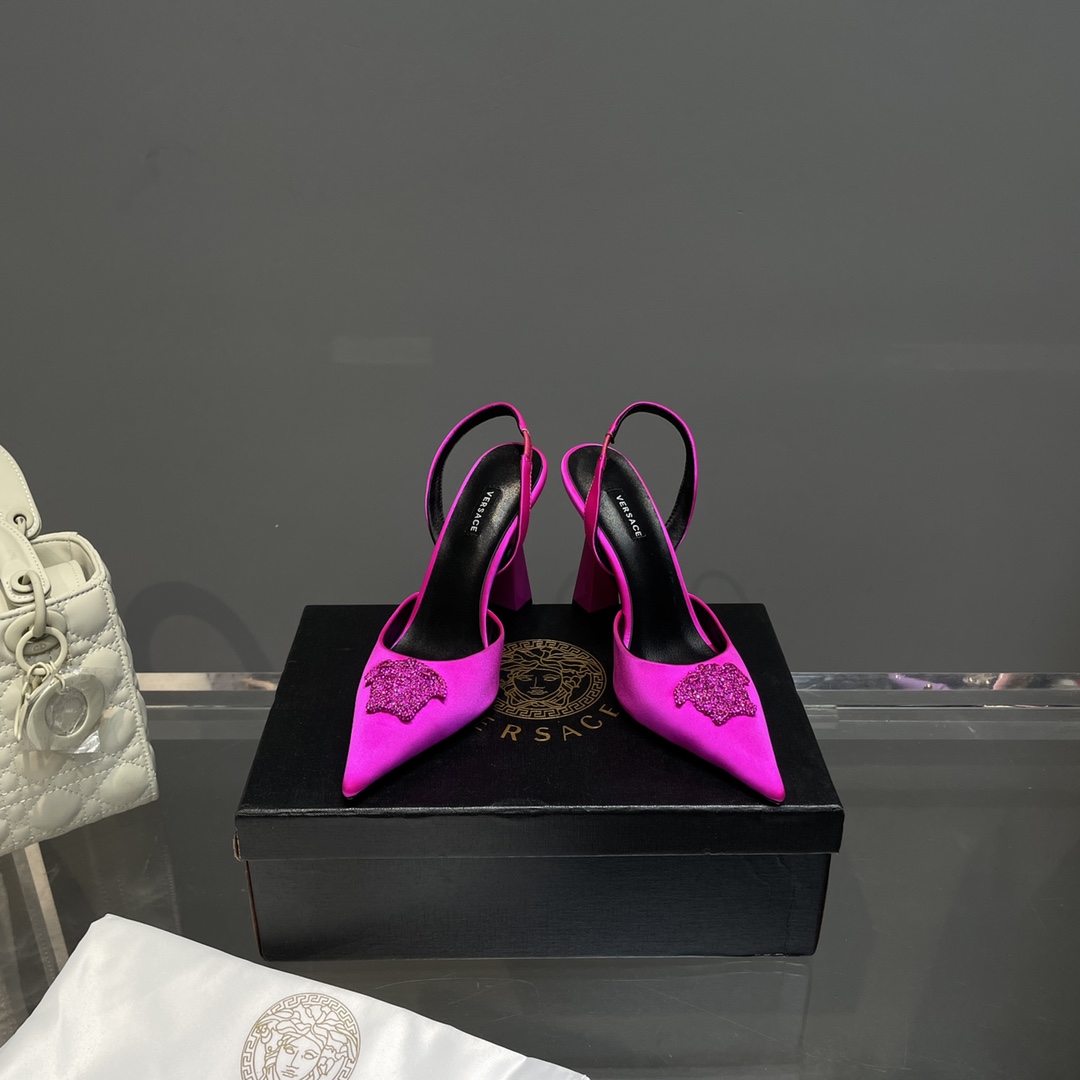 Versace Crystal La Medusa Satin Sling-Back Pumps - DesignerGu