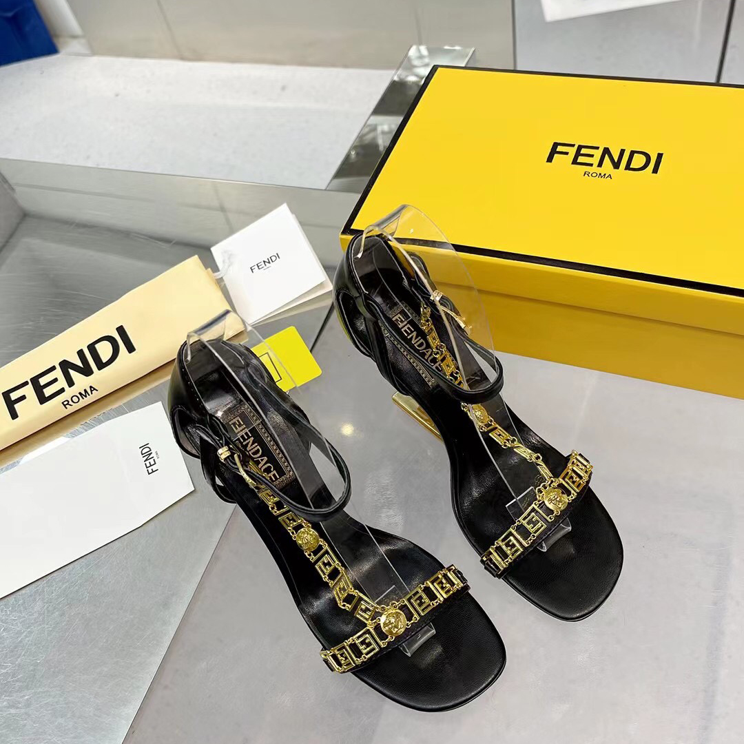 Fendi Fendi First Fendace Black Leather High-Heeled Sandals - DesignerGu